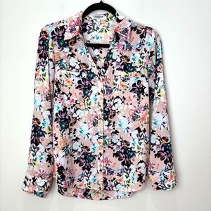 Express Portofino Shirt Women S Black Pink Floral Career Cottagecore Airy Blooms